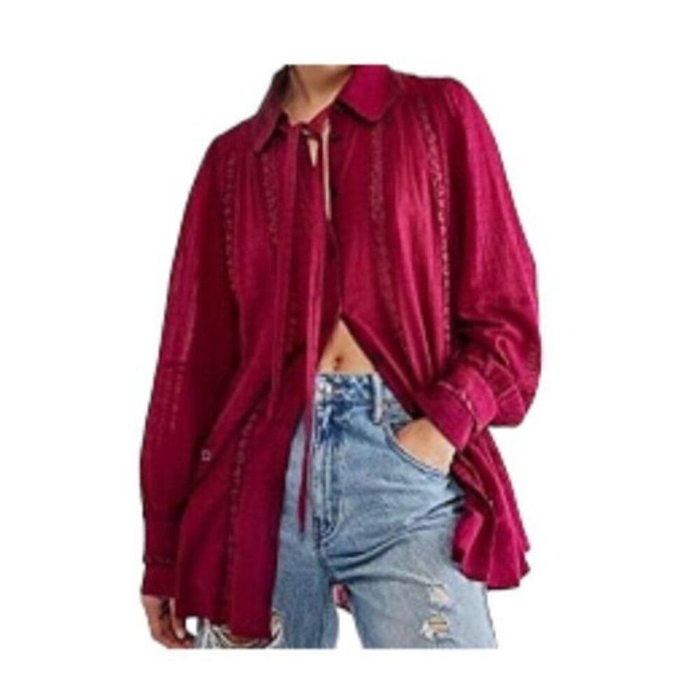 Free People Mikaela Button-Down Embroidered Tunic Top Off Beat Small NWT